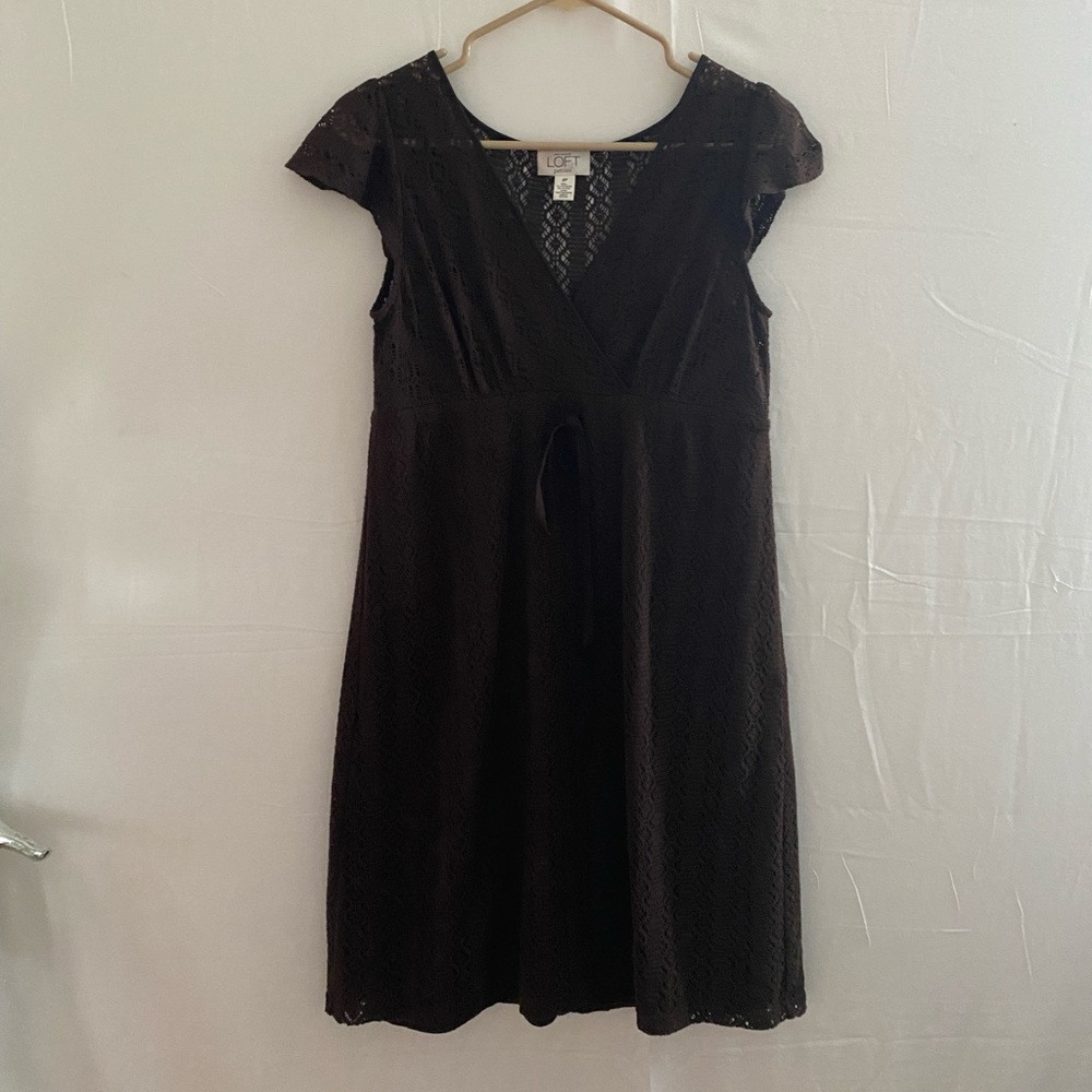 Ann Taylor LOFT Petites Brown Faux Wrap A-Line Solid Mesh Dress, Size 8P